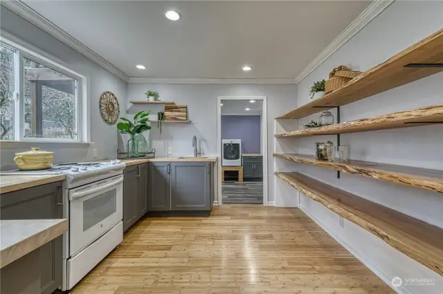 The live edge shelving was custom made for this space