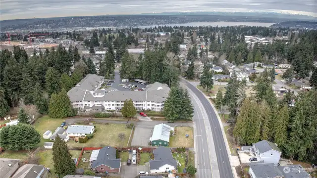 Aerial view shows proximity to downtown Renton / Southport - just minutes from freeway access, Valley Medical Center, Seattle, Bellevue & Eastside business hubs.