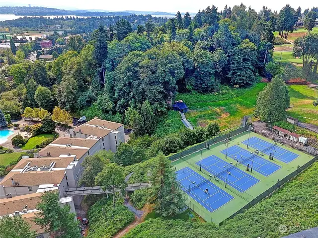 Aerial view of tennis courts and golf driving range