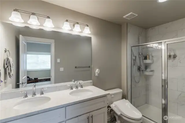 Primary Bathroom with 2 sinks & walk-in shower