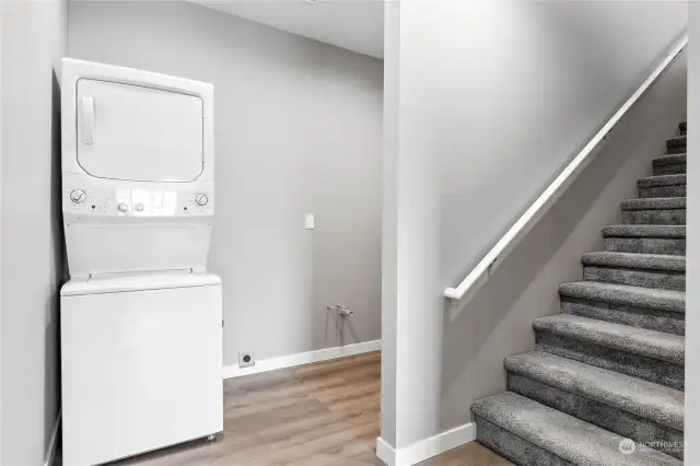 As we head down the stairs (which is located in the hallway behind the kitchen), you will arrive into the fully-finished daylight basement. Perfect for multi-generational living. There is a 3/4 bathroom around the corner. Plumbed and ready for a kitchenette. Washer and dryer can stay.