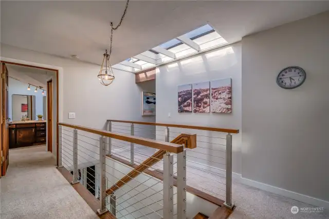 Top of stairway on 2nd level with multiple skylights