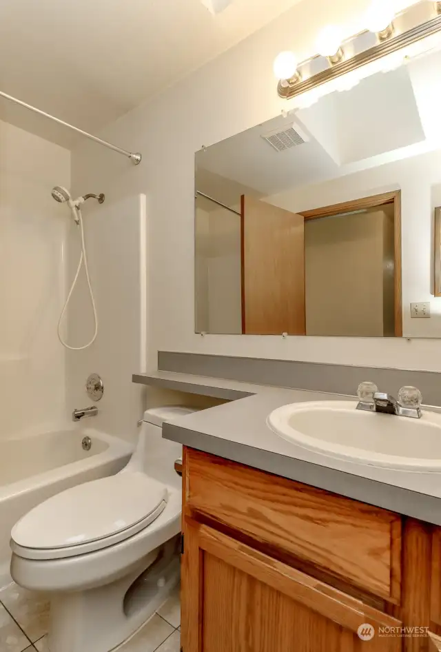 Skylights fill the main bathroom with natural light.