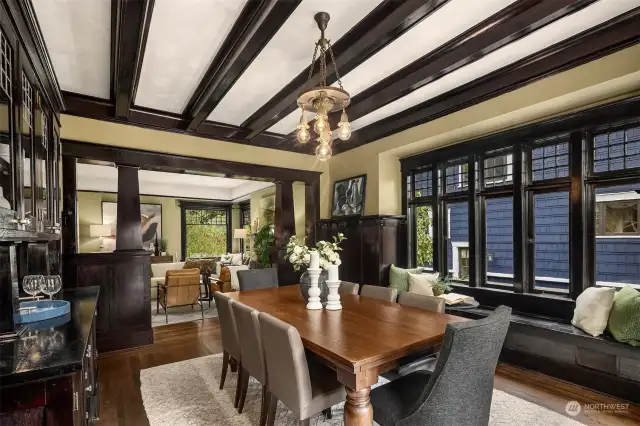 Formal dining room with box beams
