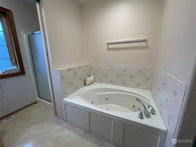 jetted bath tub and separate shower in primary bath