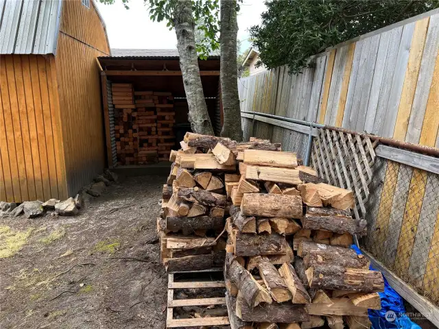 Lots of firewood in the backyard and in the covered shed in the background.
