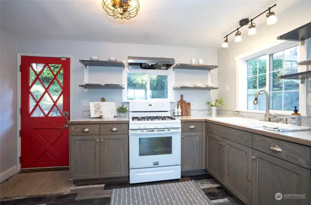 The Dutch Red Door leads you to the remodeled kitchen