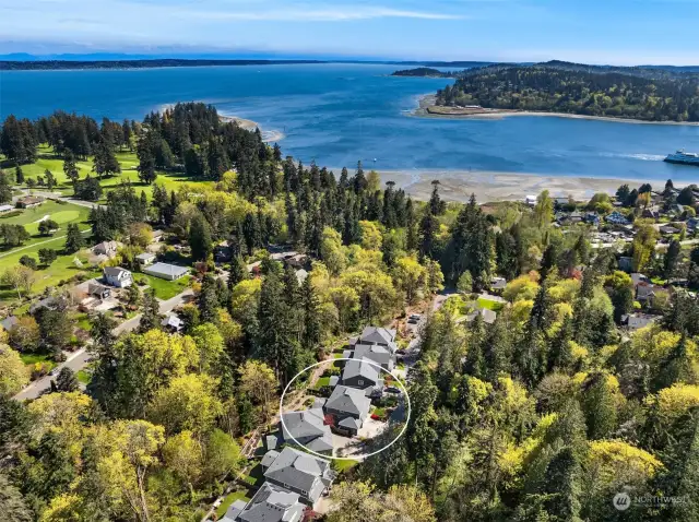 Here, and aerial view again showing the amazing amount of natural spaces gracing sweet Ferryview Lane, despite its easy walking proximity to Winslow and to the Seattle ferry. The tide flats of Hawley Cove are visible just above center.