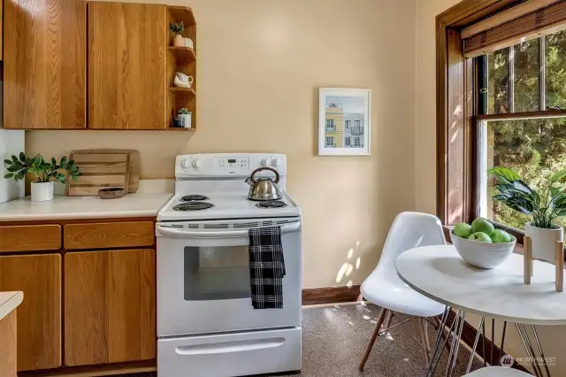 Kitchen is well maintained with vintage touches