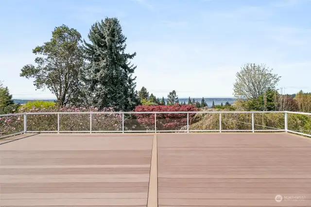 This trex deck is 43x104 with glass railings so you can see the beautiful landscaped grounds and views galore.