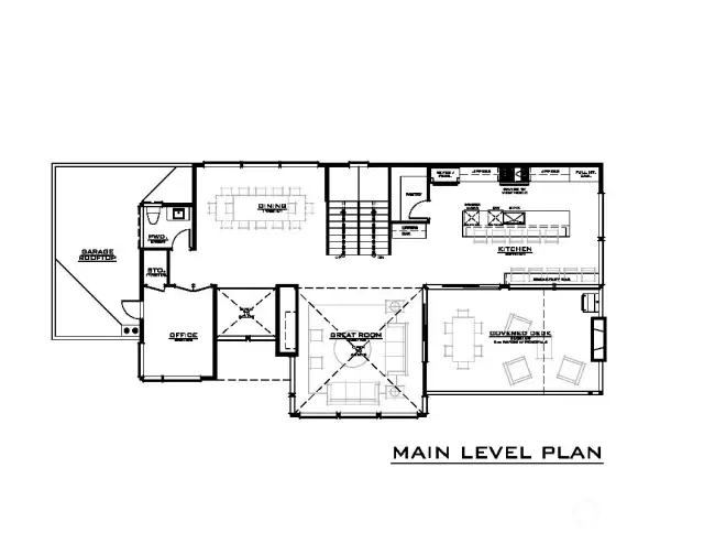 Main Level Plan. Notice the Great Room is open to the Upper Level. Open spaces intertwine and give a feeling of connection.