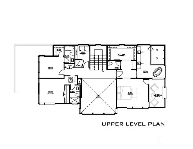 Upper Level Plan. Both Bedrooms have ensuites, and the Primary Bedroom has a massive walk in closet, bathroom and Loggia to get lost in.
