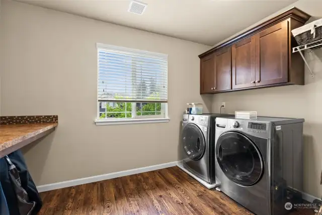 Huge laundry room with storage outside primary