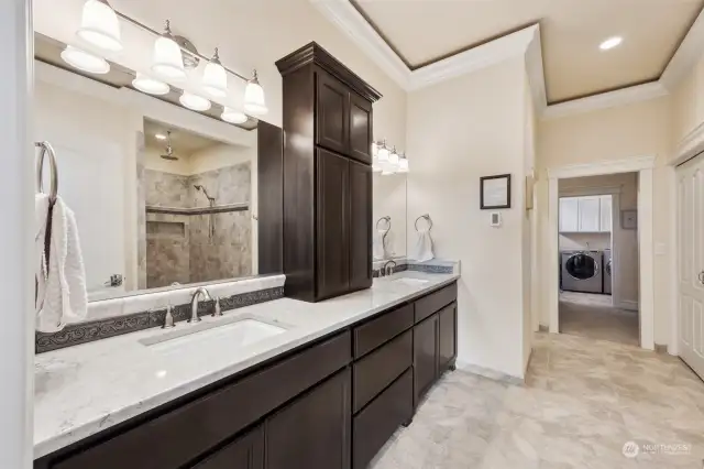 Excellent view of the primary bathroom that shows the large size as you walk-through the walk-in closet & enter the laundry room- makes for doing laundry easy.