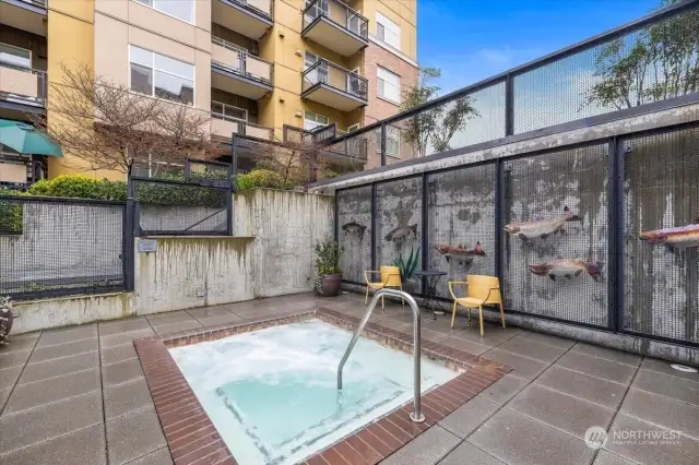 Hot tub, on large, shared patio