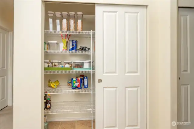 Pantry w/sliding doors & shelving, providing tons of storage for all your dry goods and keeping your kitchen organized and clutter-free.