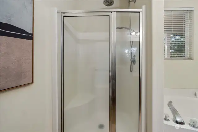 The step-in shower allows for a customizable bathing experience, with both a soothing rain head and a convenient shower wand!