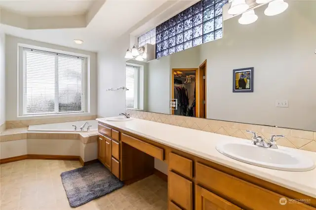 Primary Bath with dual sinks, jetted tub,walk-in closet and a separate shower room.