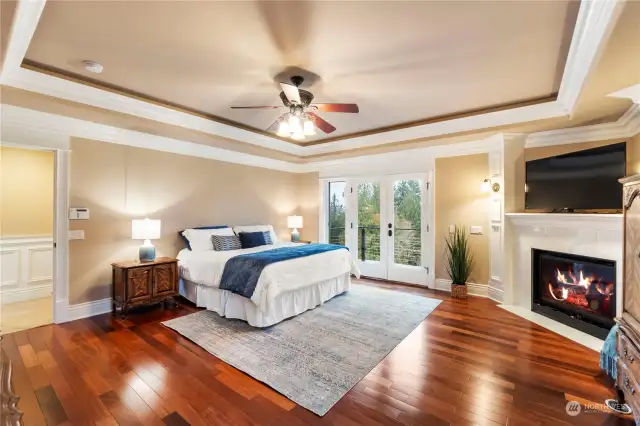 Beautiful primary suite with cozy gas fireplace, french doors to a private deck, stunning triple crown molding and rope lighting and hardwood floors. Primary has 2 walk-in closets with built-in drawers and shelves.