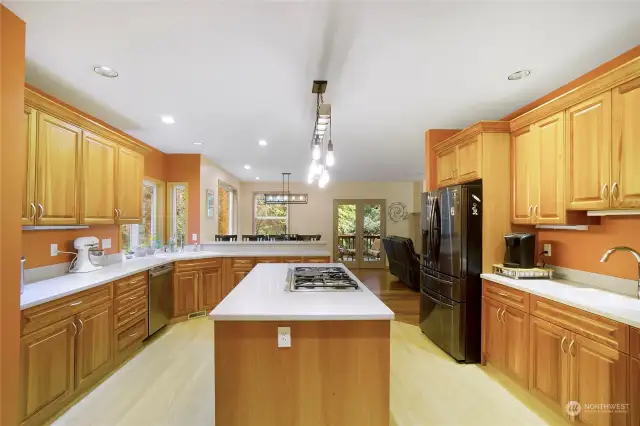 Large spacious kitchen with island and two sinks.