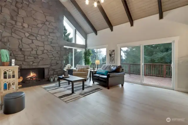 Impressive Floor-to-Ceiling Fireplace w/Tongue & Groove Panels plus Beams...This room boasts an 18-Foot Ceiling!! Plus an 8-ft slider to a brand-new deck - does it get anymore northwest-style than this?!