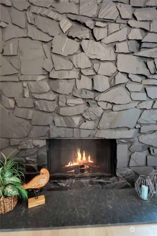 Amazing Stone Fireplace w/Solid Marble Slab hearth