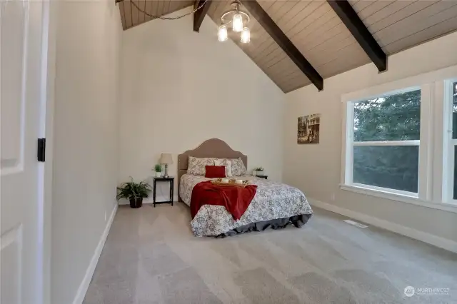 Primary Bedroom is Upstairs w/Fabulous Ceilings, Territorial Views of the backyard and beyond, New Carpet, Lighting, Paint and Fully Wrapped Windows and Painted Millwork.