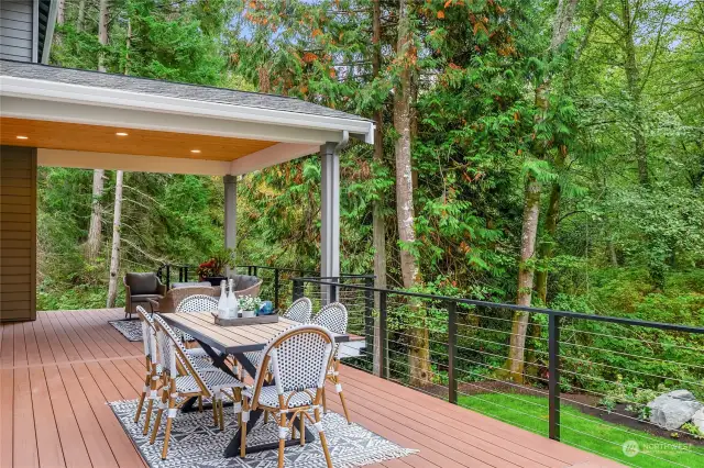 Enjoy time on the deck made from durable,  sustainable Timbertech decking. This deck is  huge and overlooks the gorgeous scenery.