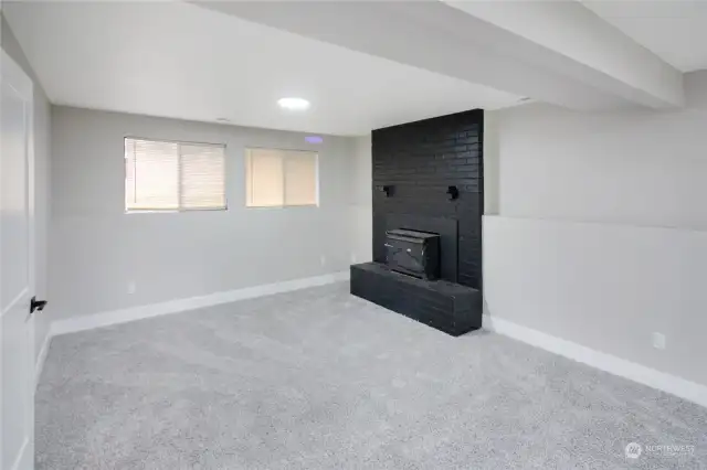 Lower level large recreations room with fireplace