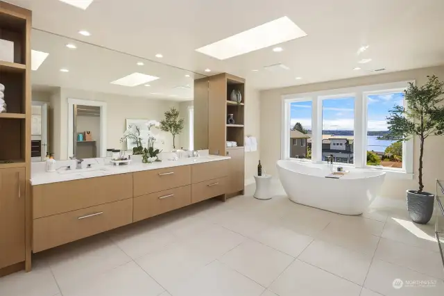 Oversized primary bathroom with radiant heated floors
