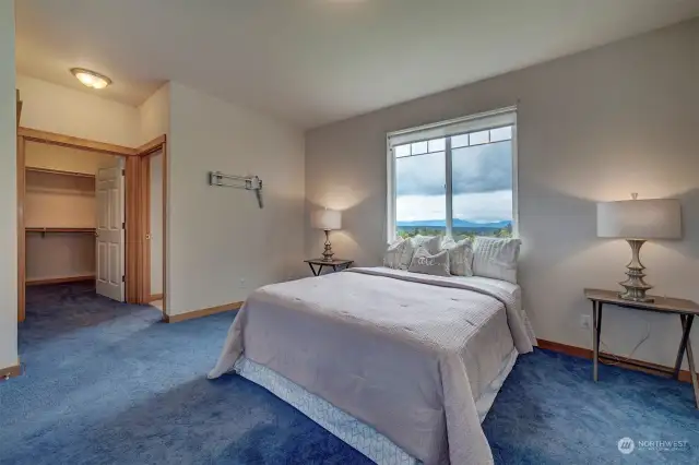 The Principle bedroom checks all the buttons. Spacious enough for a King size bed and furniture pieces, a view of the Olympic mountains from the large window, a large walk in closet and ensuite bath.