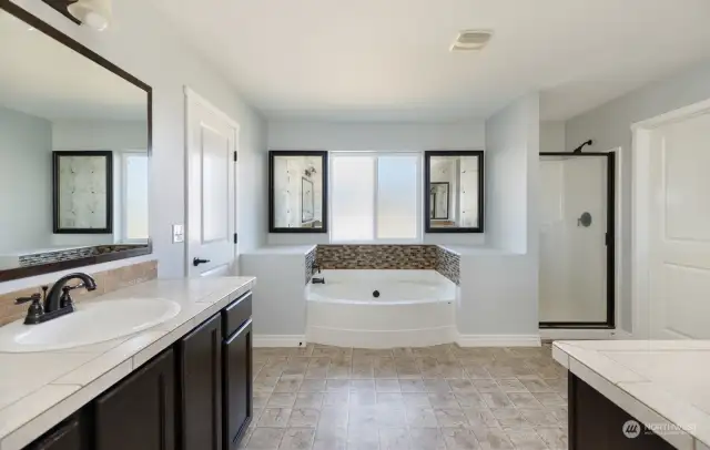 Five-piece primary bath with dual sinks/vanities, large soaking tub, walk-in shower and separate potty room. Walk-in closet on the right.