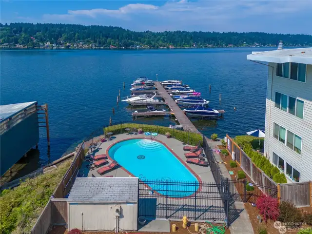 Heated waterfront pool and boat moorage