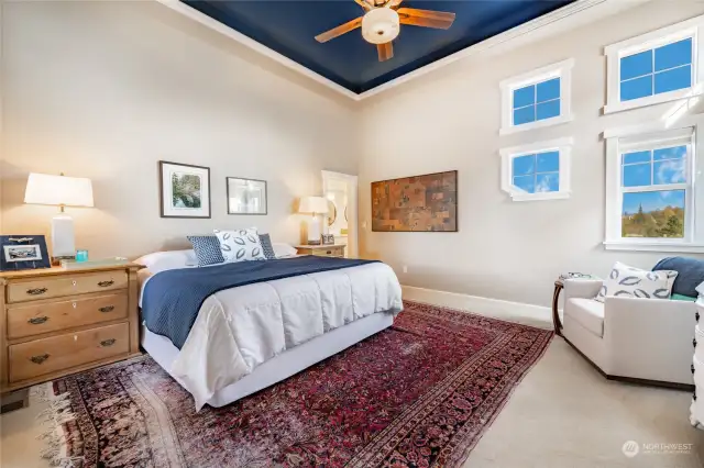 Notice the designer touch of the rich blue ceiling paint.