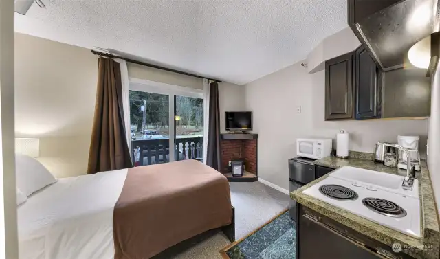 Everything you need for a night on the mountain - queen bed, kitchenette and private balcony