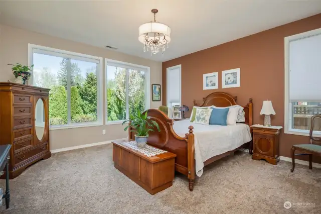 Primary bedroom has large windows to enjoy your beautiful yard from indoors