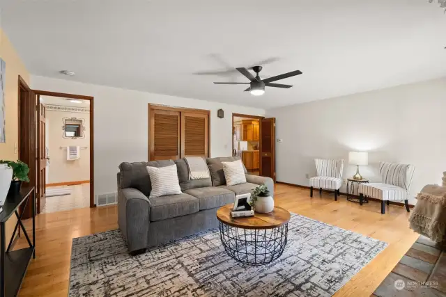 ceiling fans in both family and formal front rooms