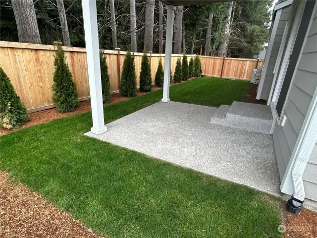Partially Fenced back yard and covered patio
