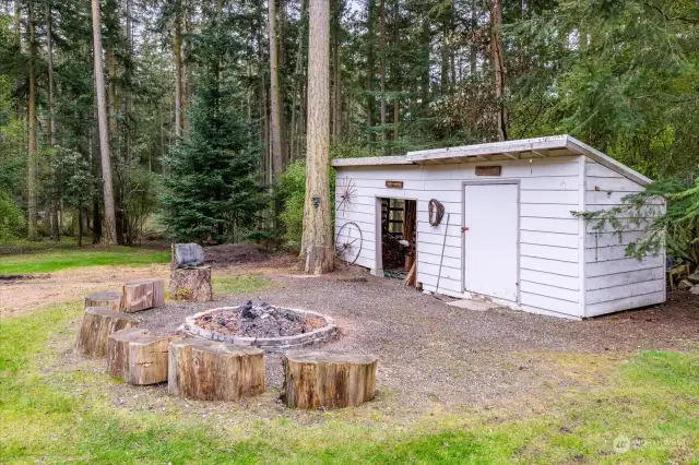 Wood and tool storage shed with fire pit