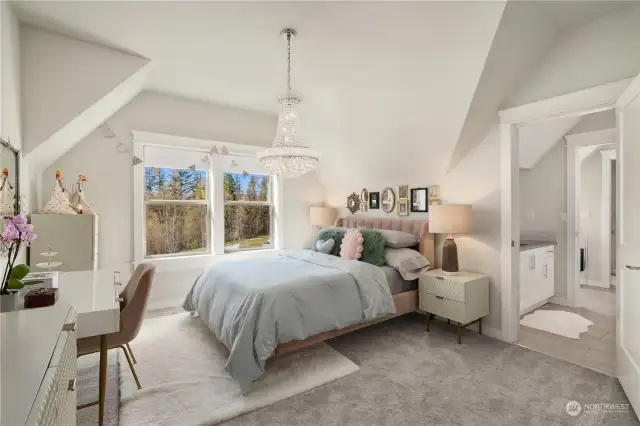 Overlooking The Reserve pond, these two bedrooms share a darling Jack and Jill bath with separate vanities.