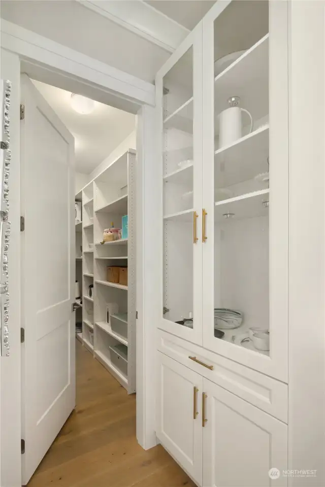 Walk in pantry with built-ins and a wet bar with wine fridge nearby.