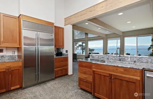 Kitchen overlooks the Puget Sound and Olympic Mtns.