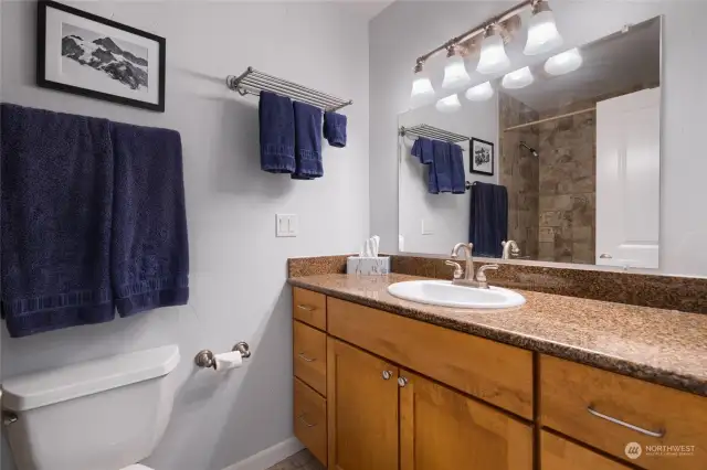 Main hallway full bath features tile floors, tub with tile surround, solid surface counter tops and newer cabinetry.