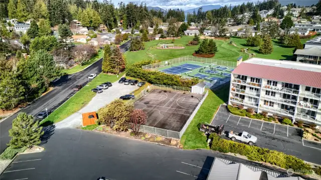 View showing the Skyline community sport courts, tennis courts and playground.