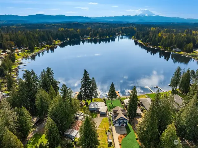 View of Lake Morton and Mt Rainier from above this amazing home!