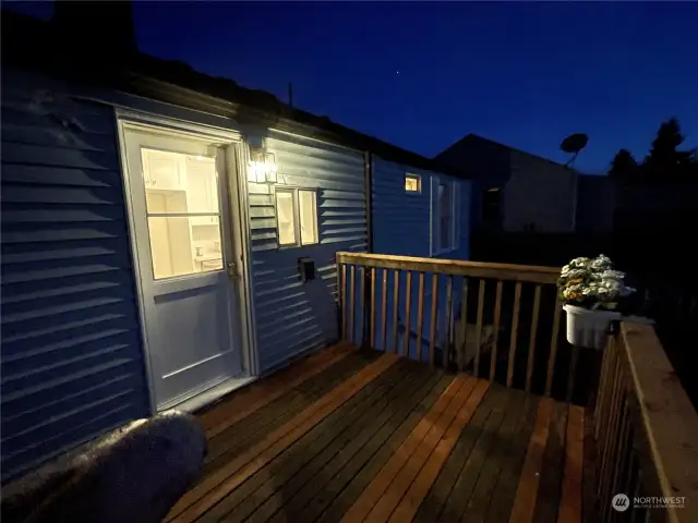 Back Deck, leading to Kitchen, Night-View. New, Dusk-til Dawn lighting.