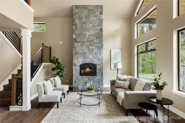 Floor to ceiling Tofino Sky natural stone fireplace