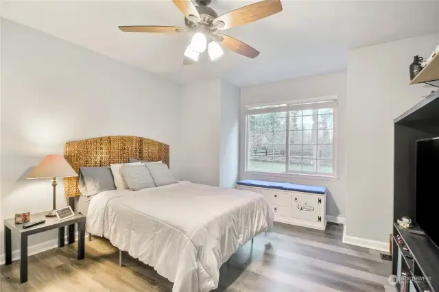 Additional bedroom with a ceiling fan and alcove.