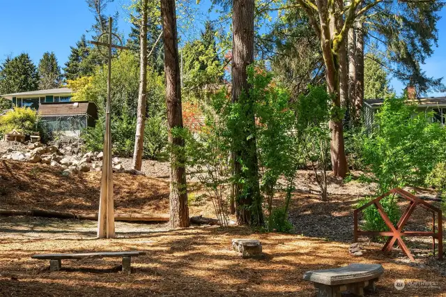 A Meditation garden in the private open space at Thornton Creek has been created from relics of the former St. George Episcopal church which previously stood on the property.
