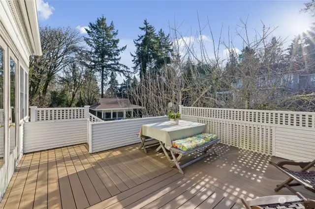 Through the french doors in the kitchen is this fabulous south-facing deck overlooking the backyard, the sport court, orchard, gazebo and the ravine beyond.